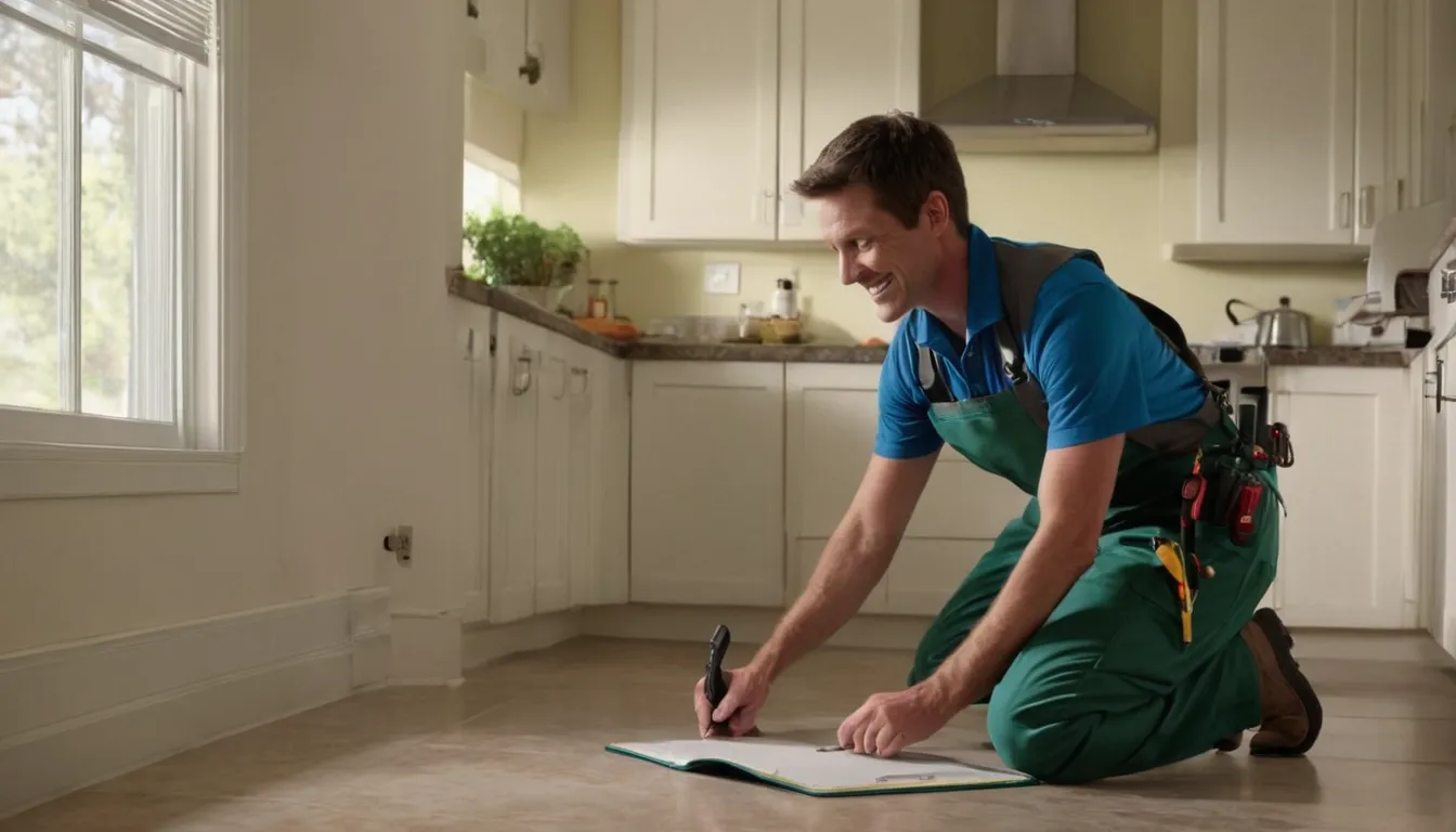 A friendly pest control provider inspecting a kitchen baseboard in a Elk Grove home